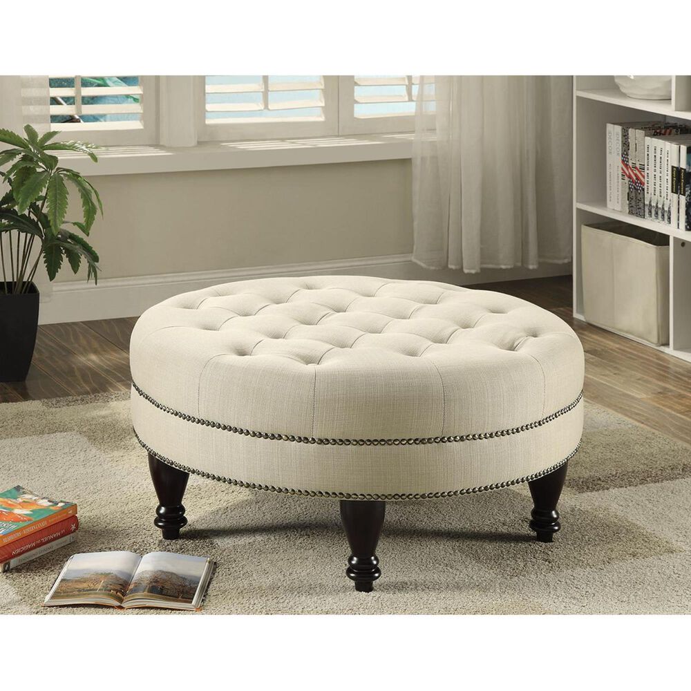 Pacific Landing Round Cocktail Ottoman with Dark Brown Leg in Oatmeal, , large