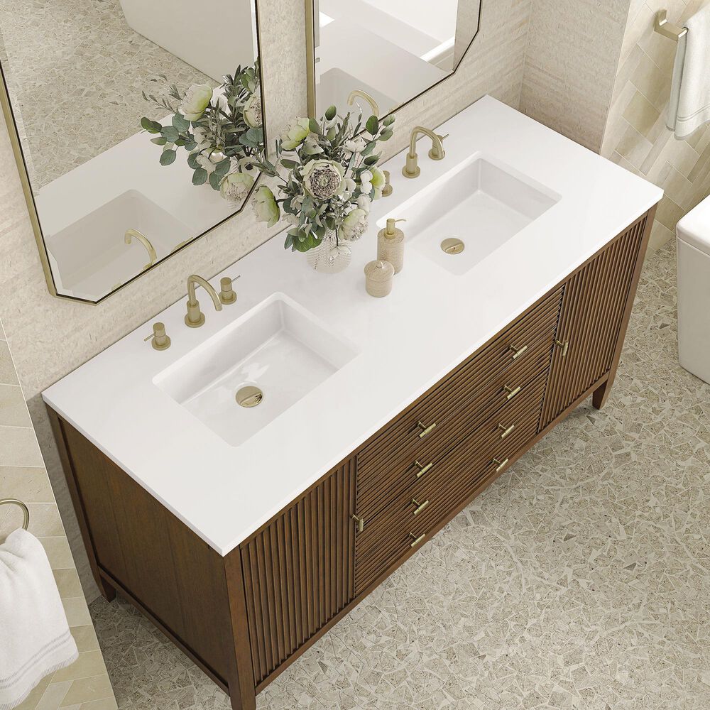 James Martin Vanities Mirin 60&quot; Double Vanity in Mid Century Walnut with 3 cm White Zeus Quartz Top, , large