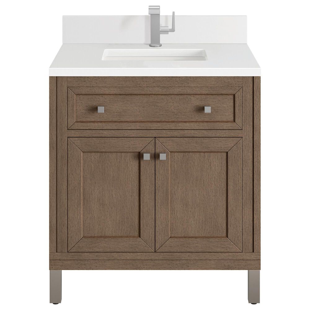 James Martin Vanities Chicago 30" Single Bathroom Vanity in Whitewashed Walnut with Single Hole 3 cm White Zeus Quartz Top and Rectangular Sink, , large