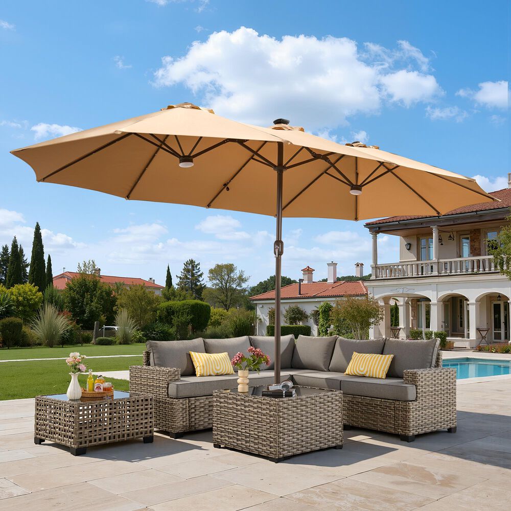 HOMLUX 2-Piece 14.5 ft Patio Umbrella and All-weather Rattan, Square Coffee Table Outdoor Set in Khaki, , large