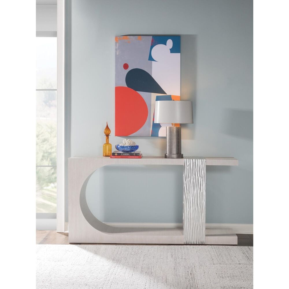 Artistica Metal Sereno Long Console Table in Misty White Gray Oak and Silver Leaf, , large