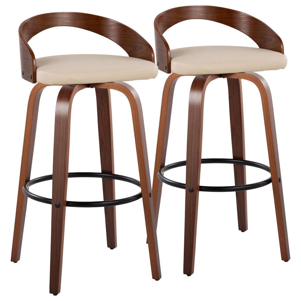 LumiSource Grotto 30" Swivel Barstool with Cream Faux Leather Upholstery in Walnut and Black (Set of 2), , large