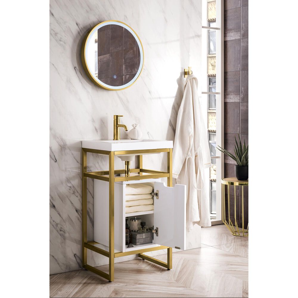 James Martin Vanities Boston 20&quot; Single White Door Bathroom Vanity in Radiant Gold with 3 cm White Glossy Resin Countertop and Rectangular Sink, , large
