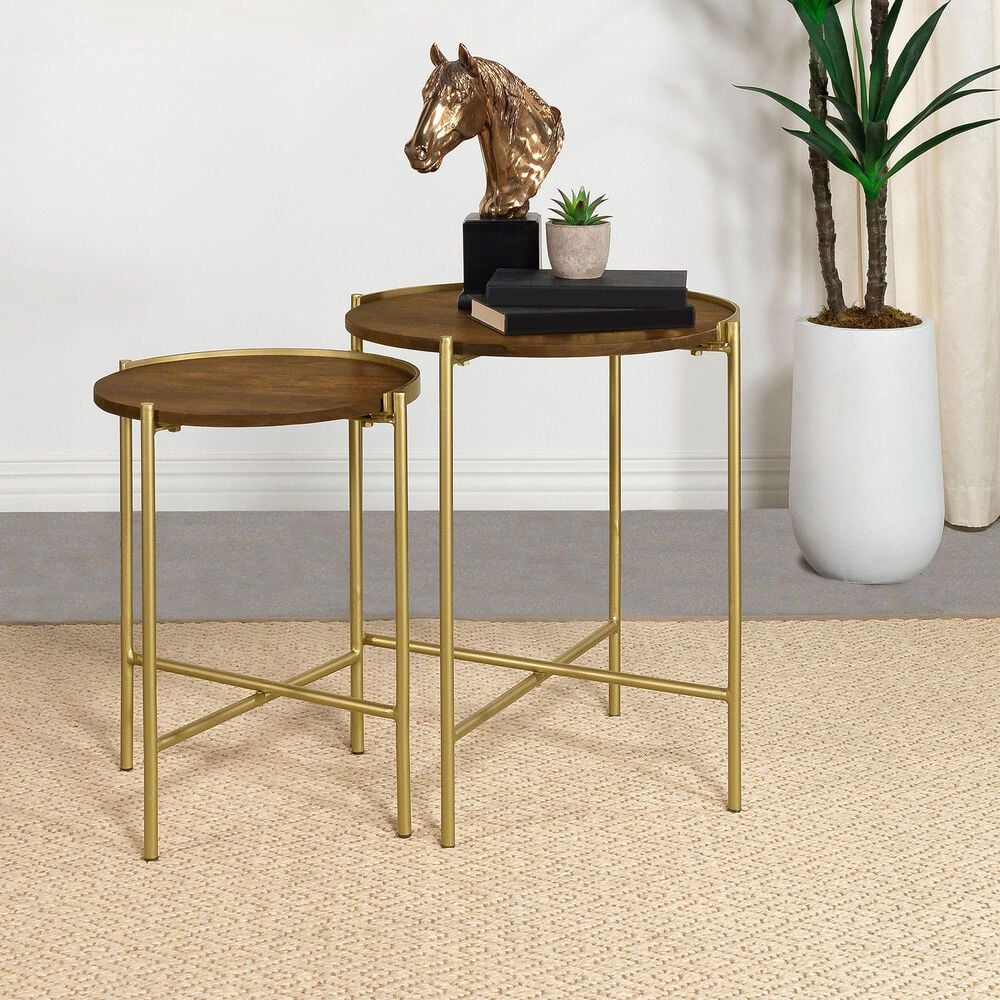 Pacific Landing Malka 2-Piece Round Nesting Table Set in Dark Brown and Gold, , large