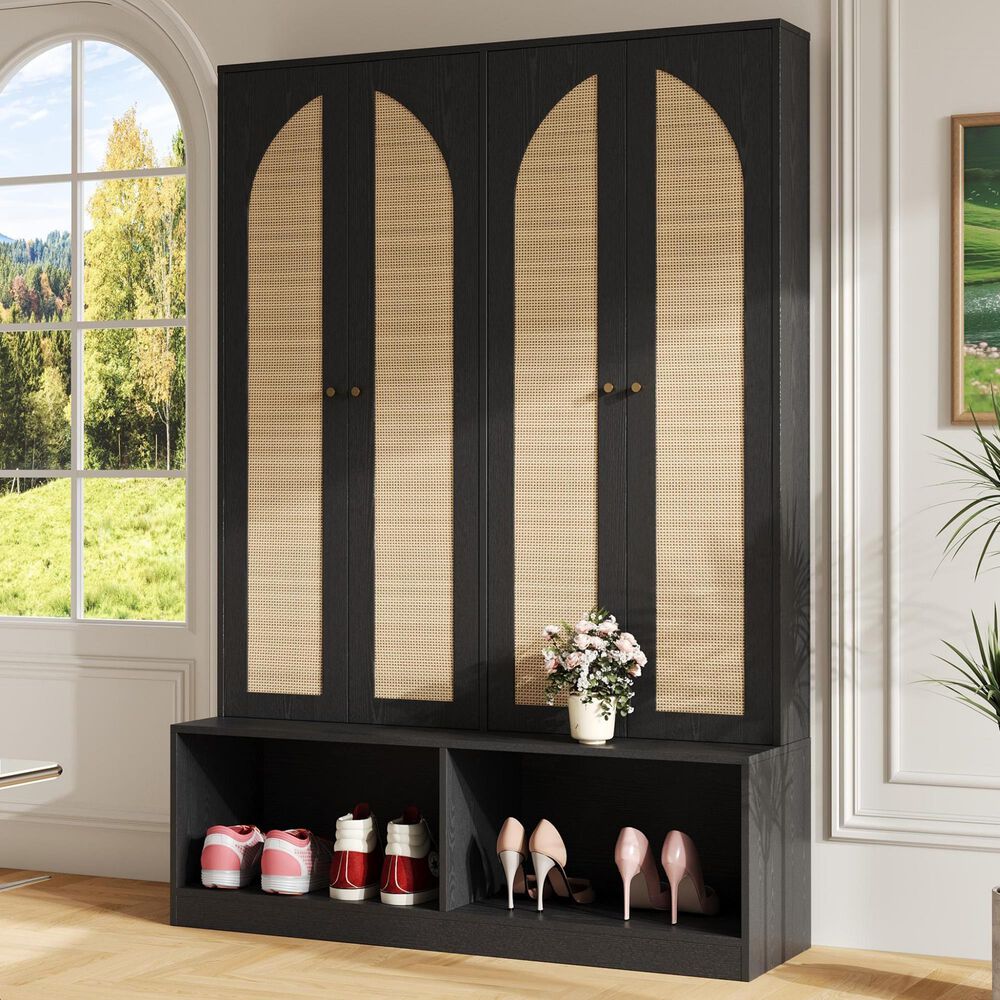 HOMLUX 6-Hook Hall Tree with 2-Rattan Doors in Black, , large