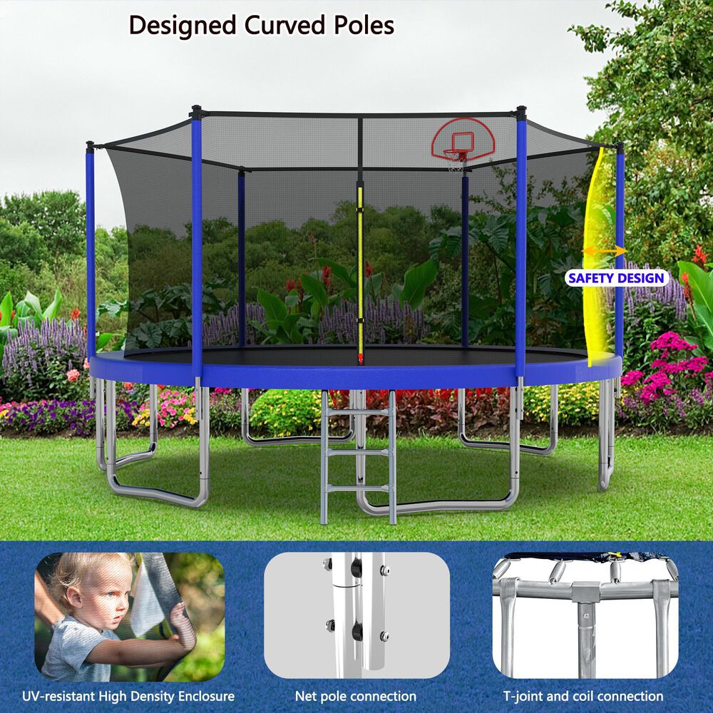 HOMLUX 14' Outdoor Trampoline Sports with Basketball Hoop in Blue, , large