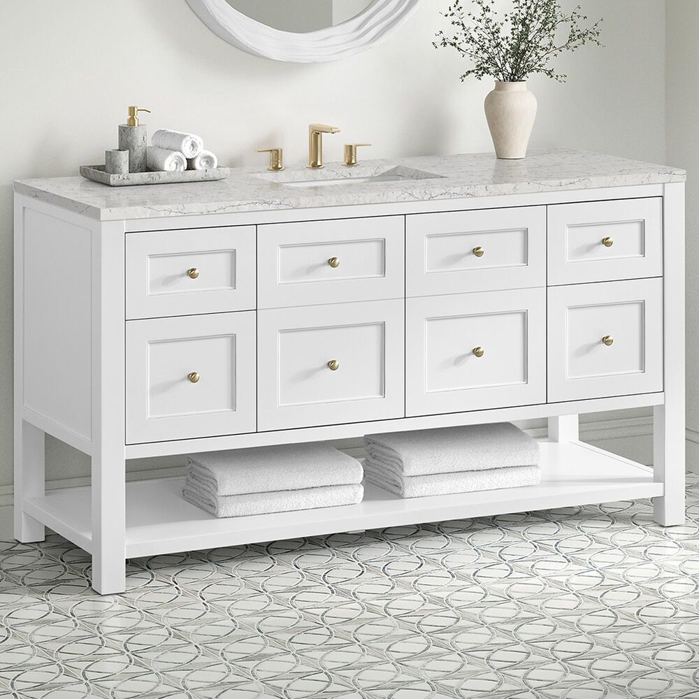 James Martin Vanities Breckenridge 60" Single Bathroom Vanity in Bright White with 3 cm Eternal Jasmine Pearl Quartz Top and Rectangular Sink, , large