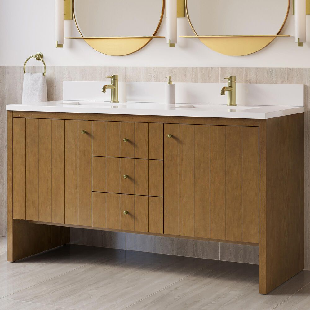 James Martin Hudson 60" Double Bathroom Vanity in Honey Oak with Single Hole 3 cm White Zeus Silestone Top and Rectangular Sinks, , large