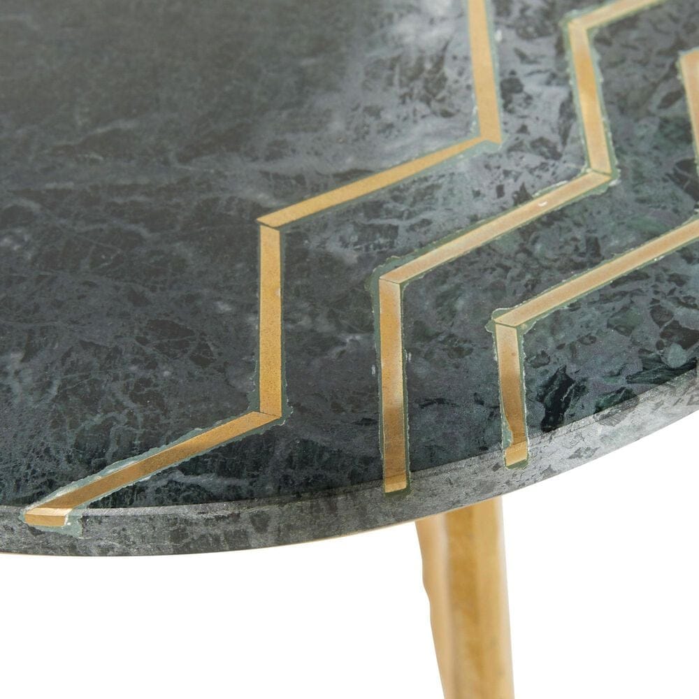 Maple and Jade Accent End Table with Metal Tripod Legs and Zig-Zag Detail in Matte Green and Satin Gold, , large
