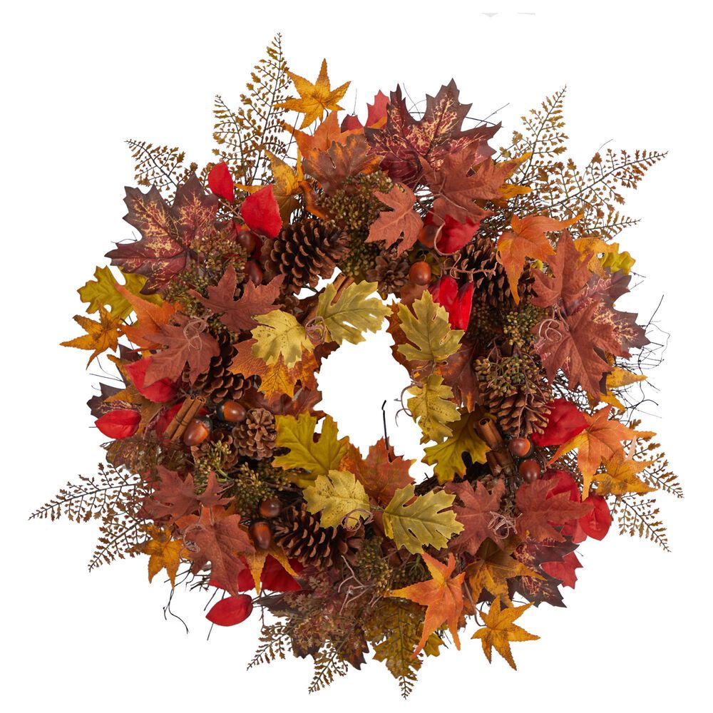Nearly Natural Inc 30in. Autumn Maple Leaves, Acorn, Pinecones and Cinnamon Sticks Artificial Fall Wreath, , large