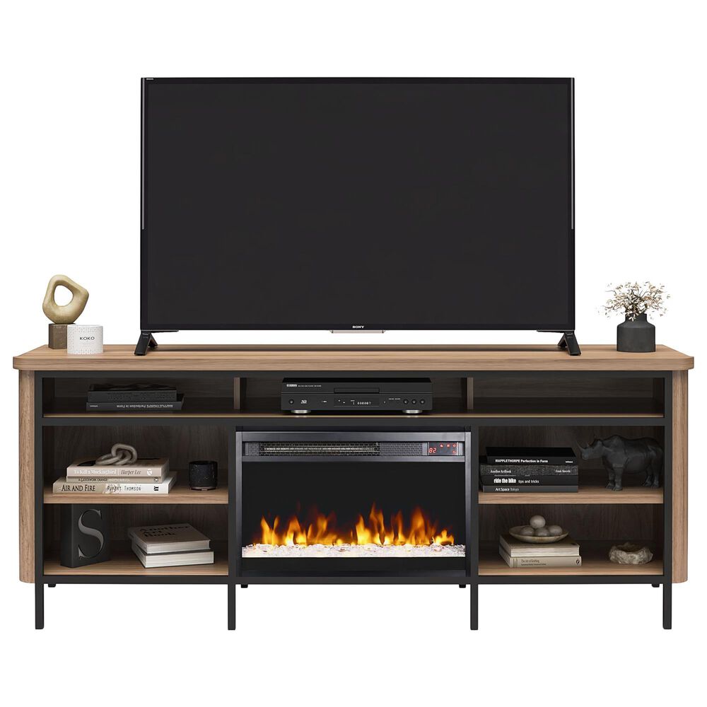 DHP Damson 67&quot; TV Stand with Electric Fireplace in Danish Walnut and Black, , large