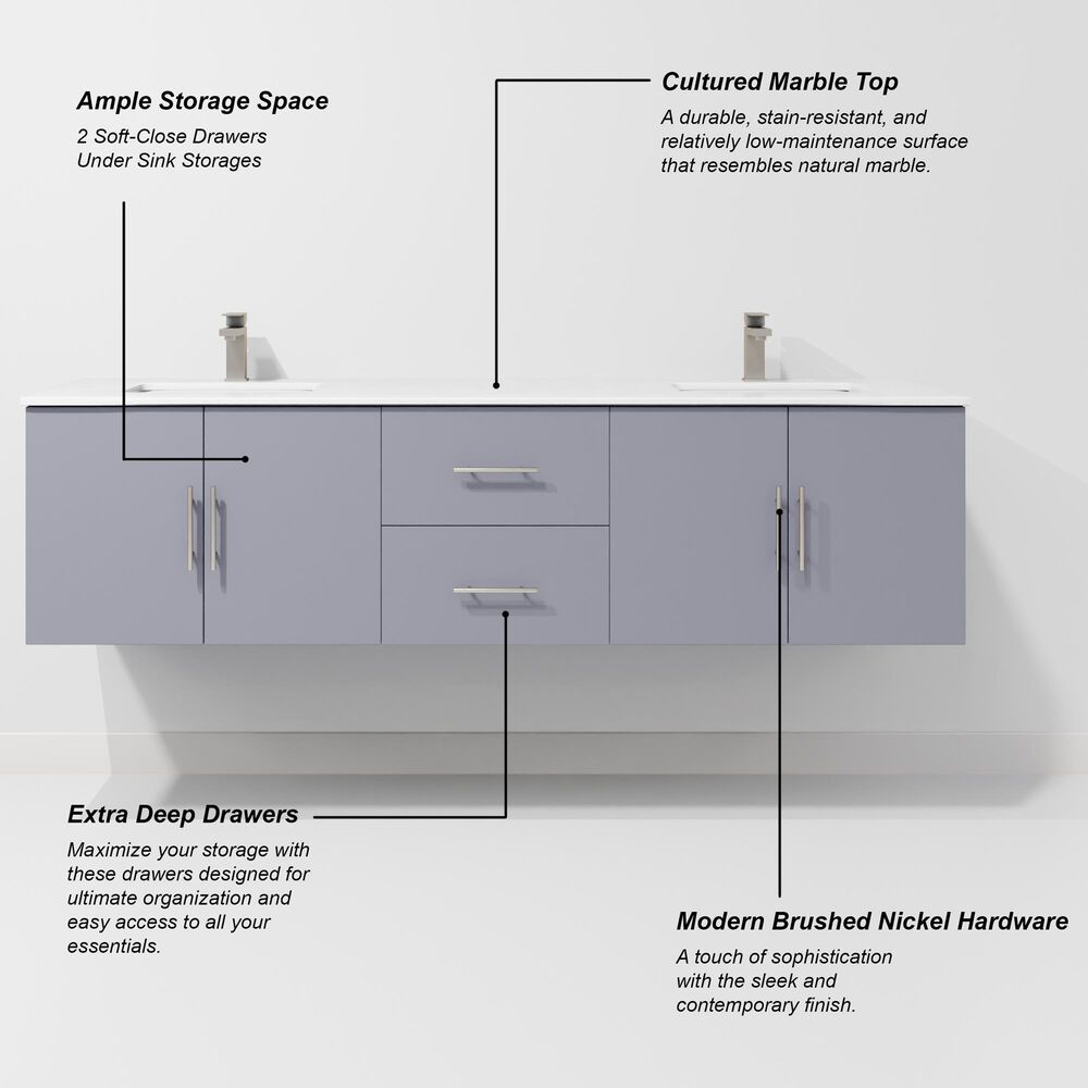 Lexora Home Geneva 72" Double Bathroom Vanity in Dark Grey with 2 cm White Cultured Marble Top and Rectangular Sinks, , large