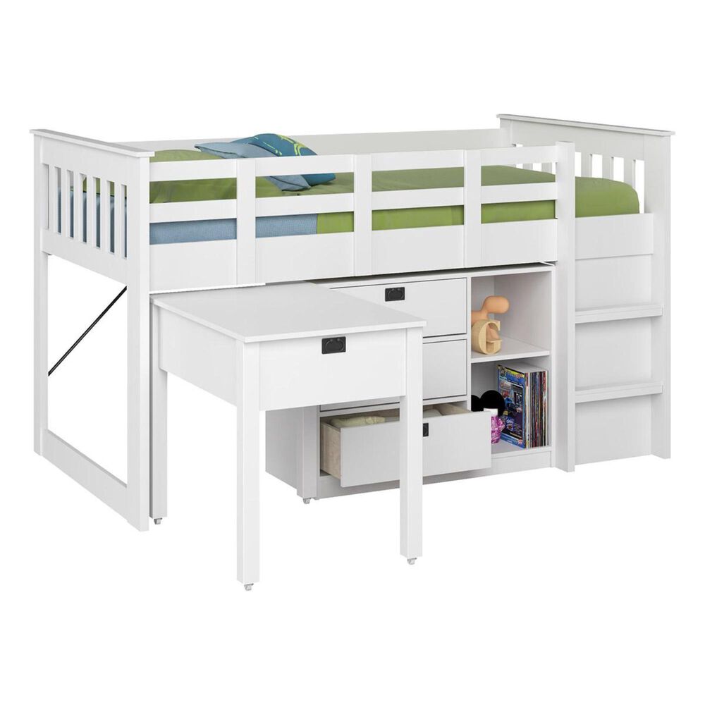 CorLiving Madison Twin Loft Bed with Desk and Storage in Snow White, , large