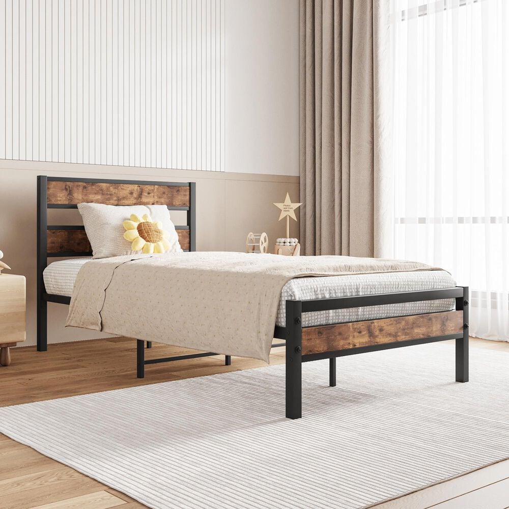 Hearth and Haven Twin Platform Bed with Metal Slats Support in Black and Brown, , large