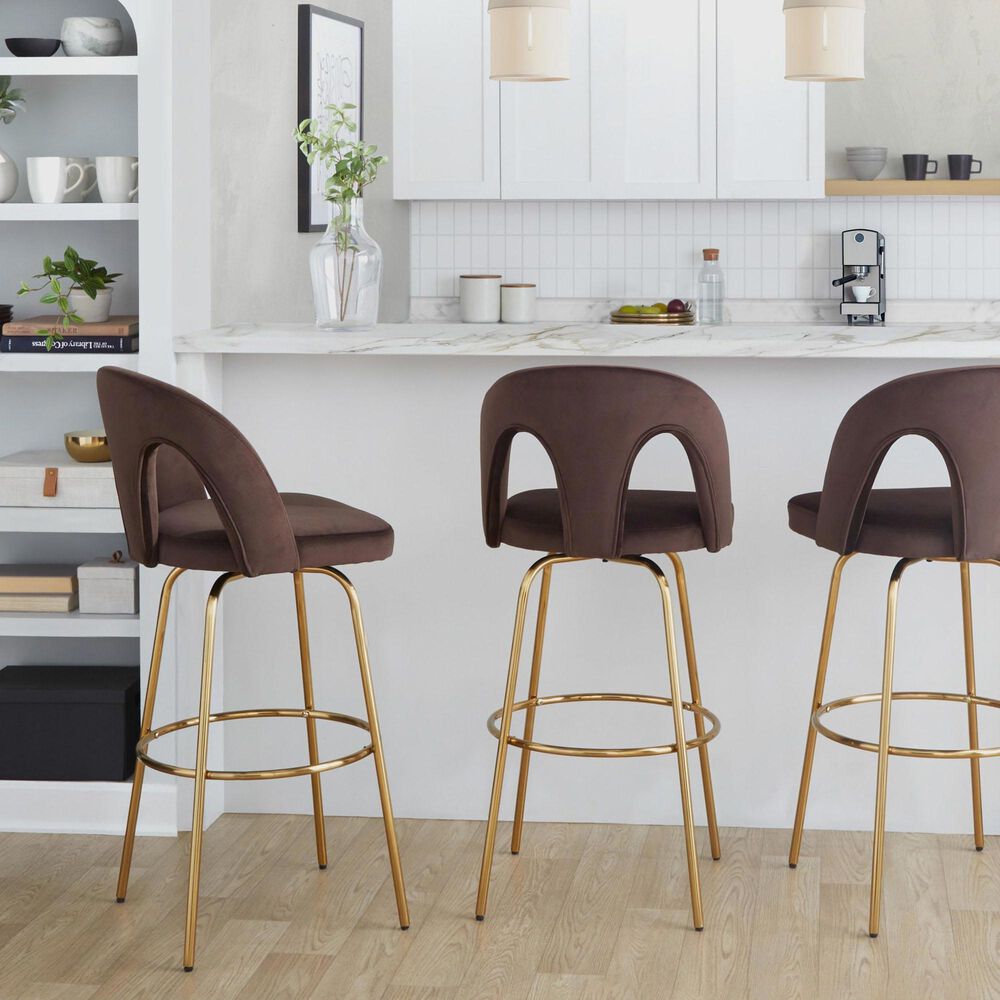 LumiSource Ava Swivel Bar Stool with Espresso Velvet Upholstery in Gold (Set of 2), , large