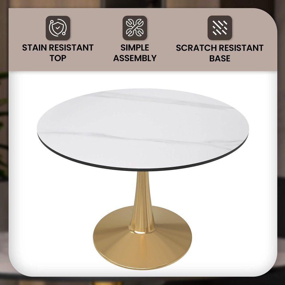 Leisuremod Bristol 40&quot; Round Dining Table with MDF Top in Gold and Marbled White - Table Only, , large