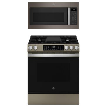 GE Appliances 2-Piece Kitchen Package with 5.3 Cu. Ft. Slide-In Front Control Gas Range and 1.9 Cu. Ft. Over-The-Range Microwave in Fingerprint Resistant Slate and Black, , large