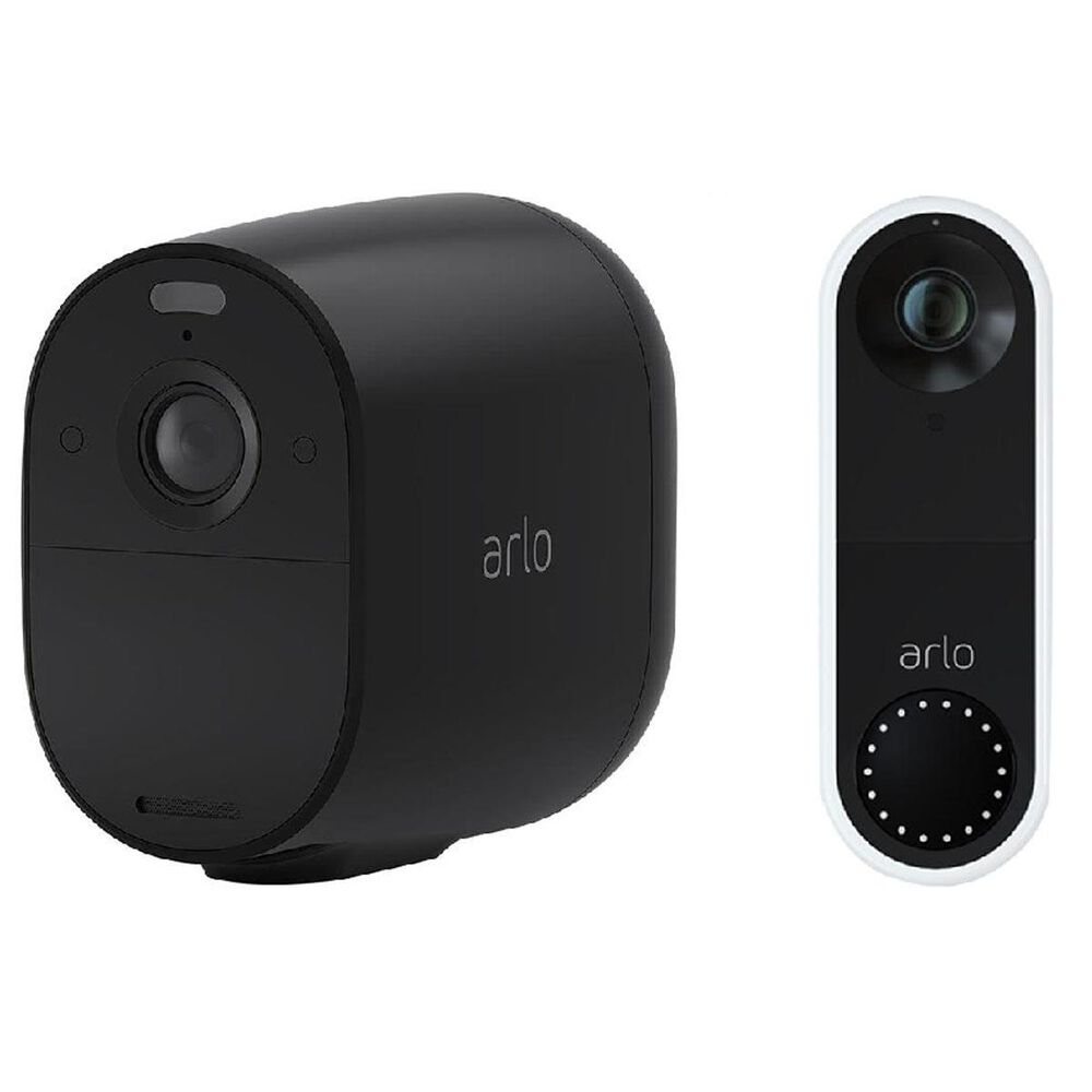 Arlo Essential Spotlight 1 Camera in Black + Smart WiFi Video Doorbell in Black and White, , large