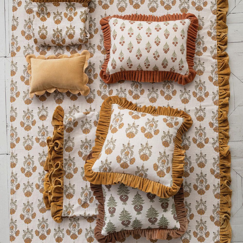 Creative Coop Cozy 18" Square Floral Throw Pillow with Mustard Velvet Ruffle in Olive Green, Deep Brown and Ivory, , large