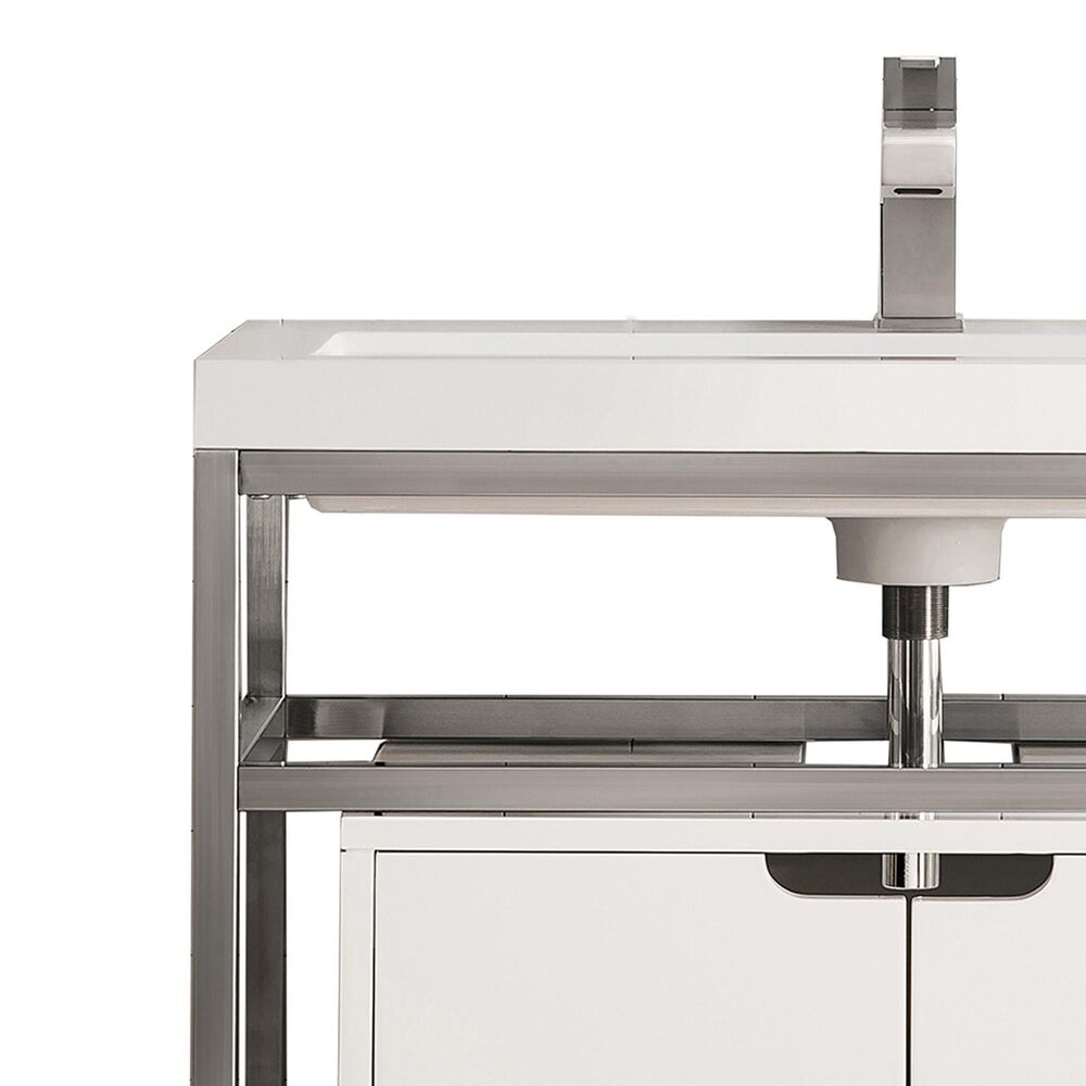 James Martin Vanities Boston 31.5&quot; Single White Door Bathroom Vanity in Brushed Nickel with 3 cm White Glossy Resin Countertop and Rectangular Sink, , large