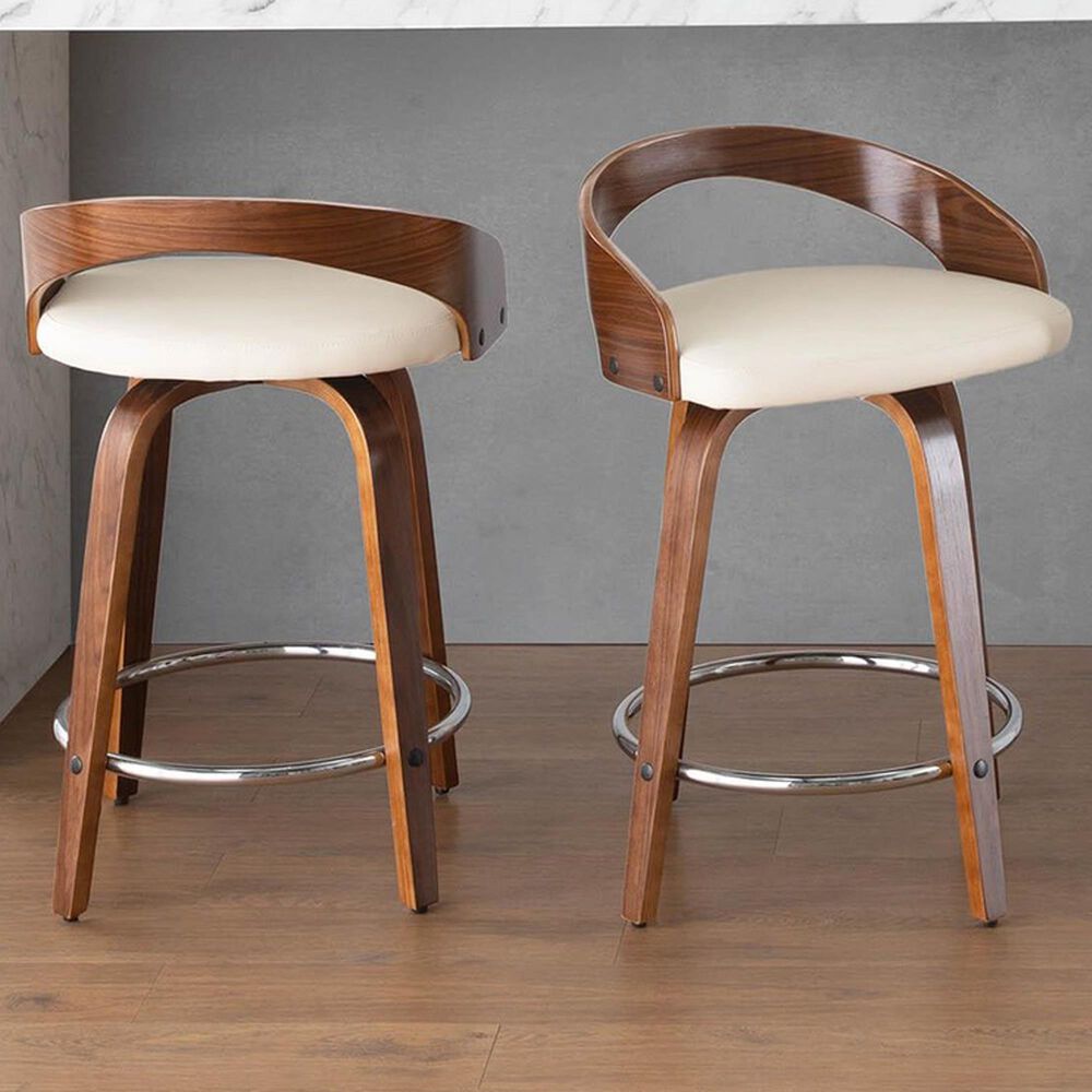 LumiSource Grotto 30" Bar Stool with Cream Upholstery in Walnut Wood and Chrome (Set of 2), , large