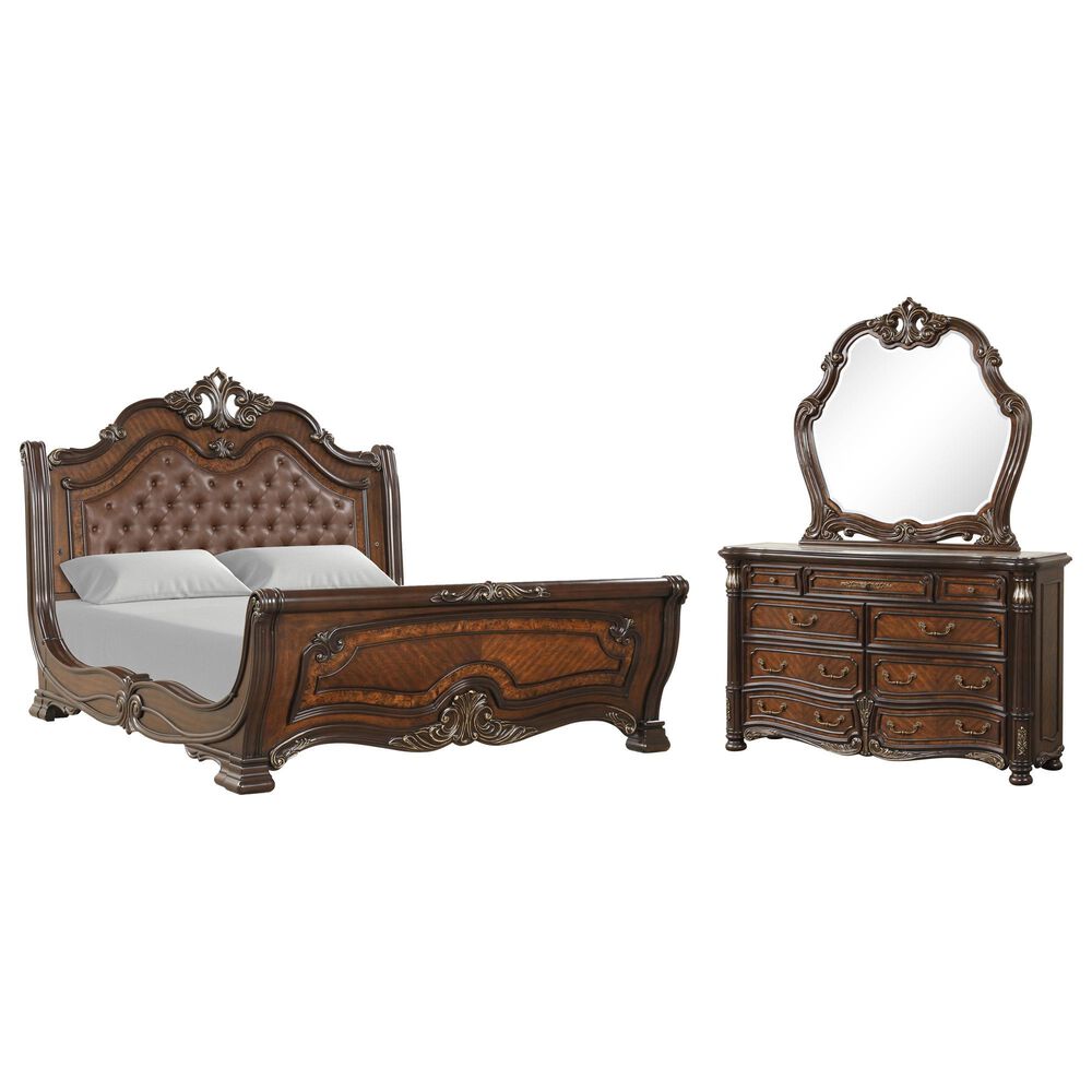 New Heritage Design Bella Note 3-Piece King Sleigh Bedroom Set in Mahogany Brown and Antique Gold, , large
