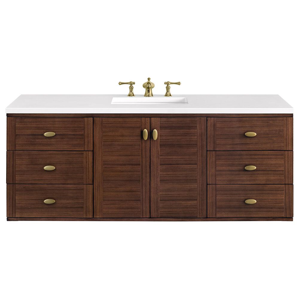 James Martin Vanities Amberly 60&quot; Single Bathroom Vanity in Walnut with 3 cm White Zeus Quartz Top and Rectangular Sink, , large