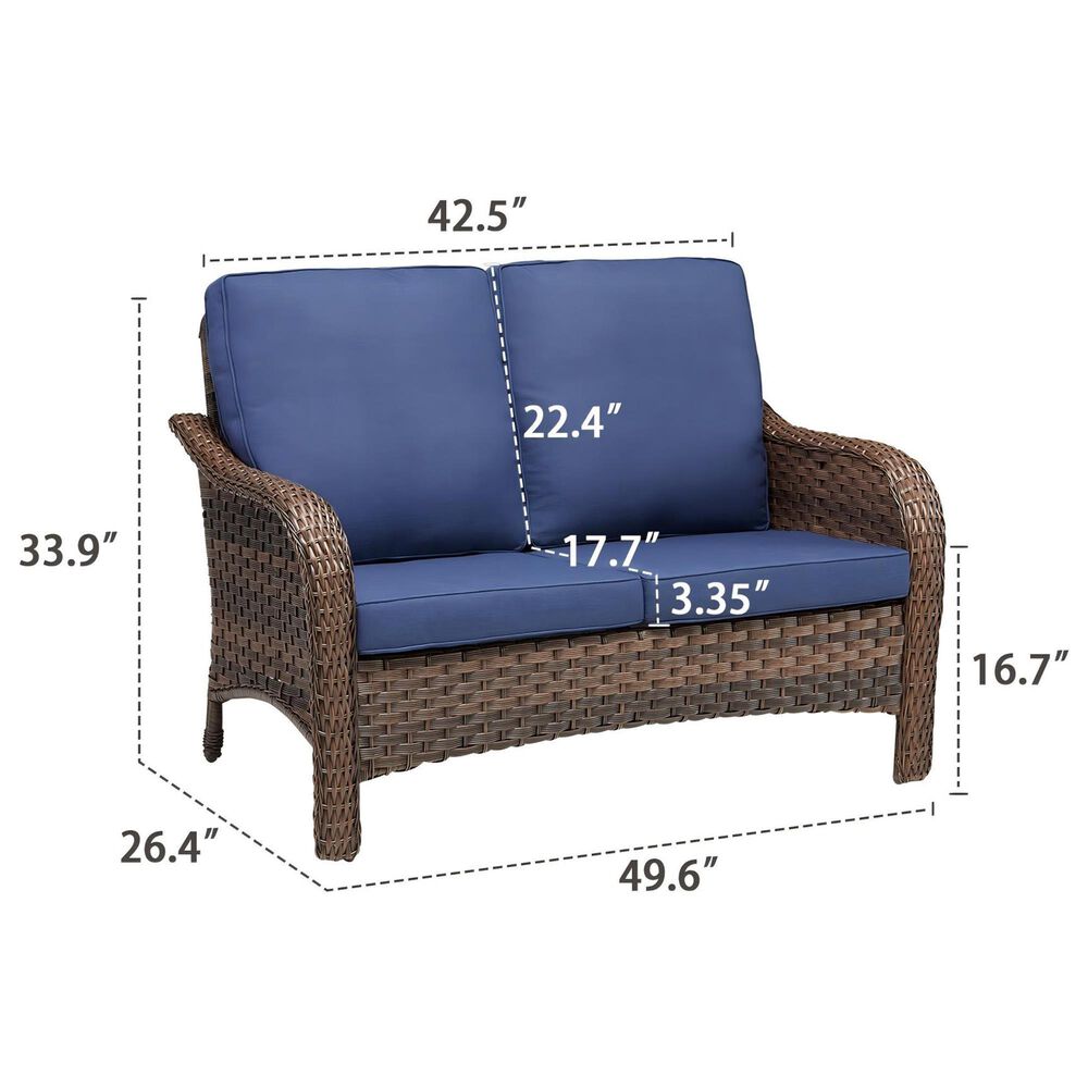 Sunwell Garden 34"H 2-Seater Outdoor Loveseat with Curved Armrests and Navy Cushions in Brown, , large
