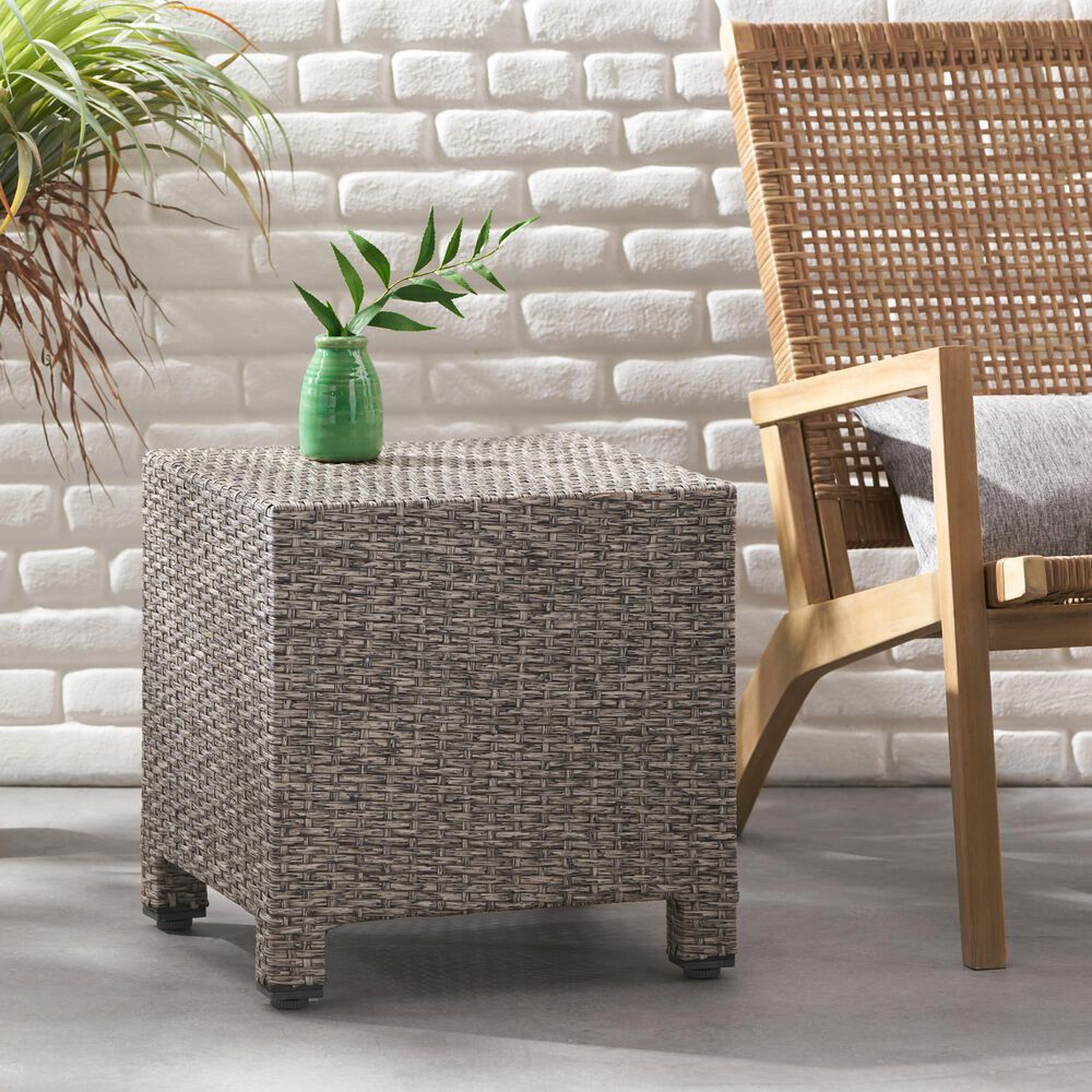 Hearth and Haven Puerta Outdoor Cube Wicker Side Table with Iron Frame in Black, , large