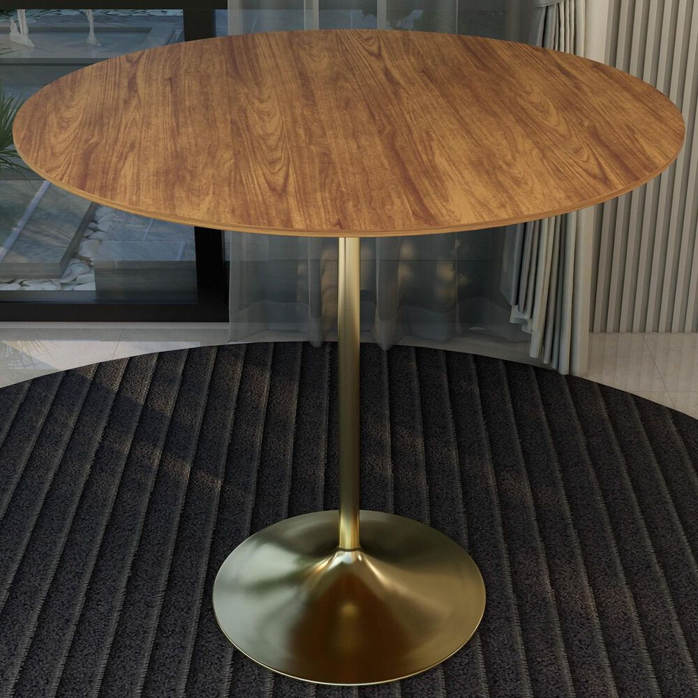 Leisuremod LeisureMod Verve Collection Modern Bar Height Table Brushed Gold Base with 48 Round Cognac Brown MDF Top, , large