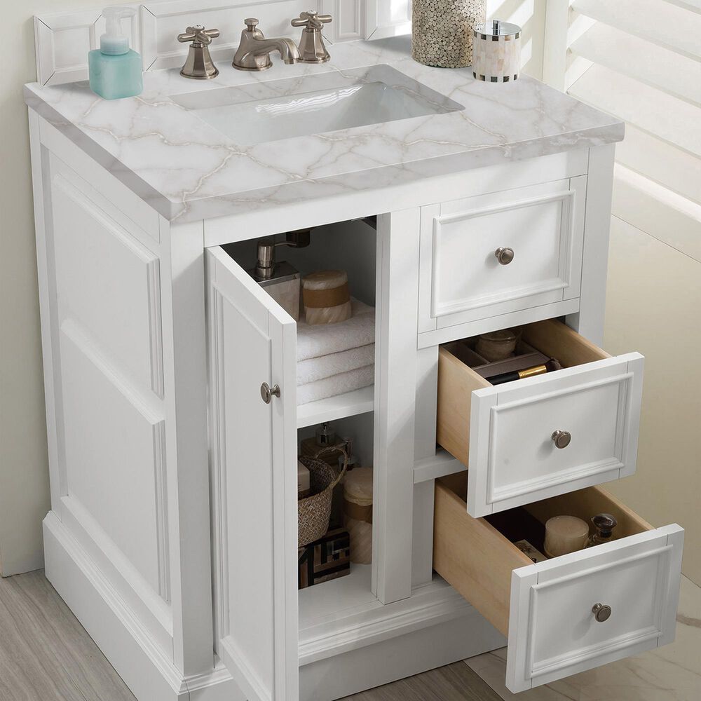 James Martin Vanities De Soto 30" Single Bathroom Vanity in Bright White with 3 cm Victorian Silver Quartz Top and Rectangular Sink, , large