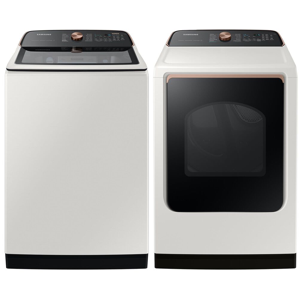 Samsung 5.5 Cu. Ft. Extra-Large Capacity Smart Top Load Washer with Auto Dispense System and 7.4 Cu. Ft. Smart Electric Dryer with Steam Sanitize+ in Ivory, , large
