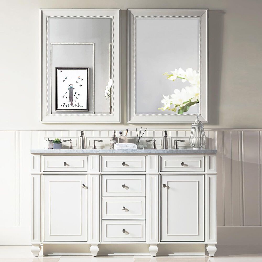 James Martin Vanities Bristol 60&quot; Double Bathroom Vanity in Bright White with 3 cm Carrara White Marble Top and Rectangular Sinks, , large