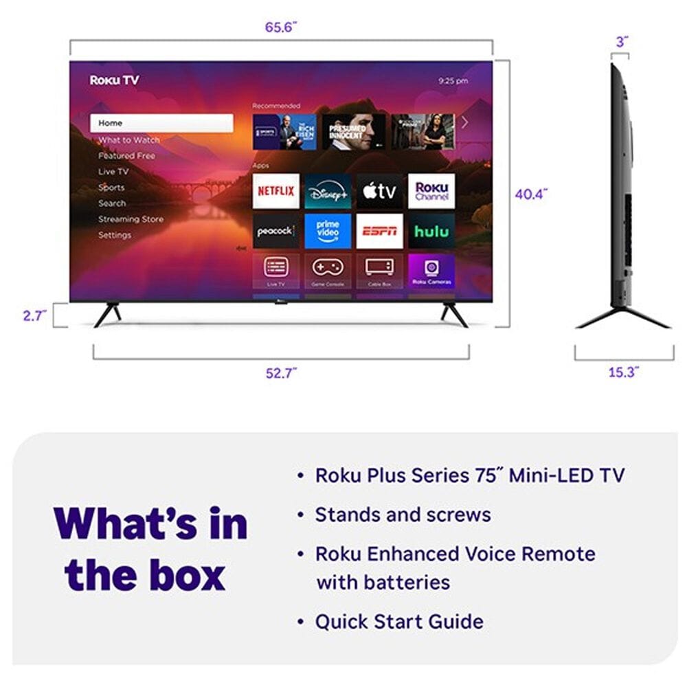 Roku 75&quot; Class Plus Series QLED Mini-LED in Black - Smart TV, , large