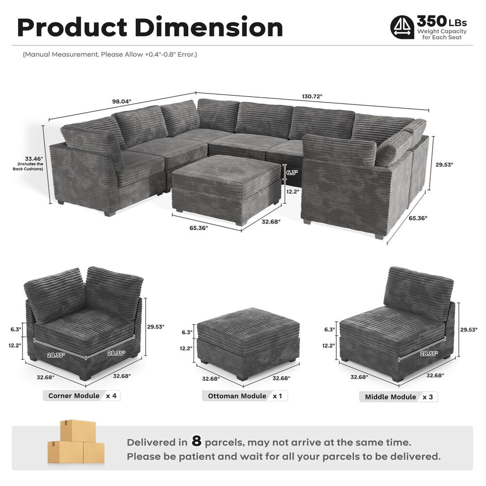Noviland HOMLUX 8-Piece Mod U-Sectional with Chaise in Gray, , large