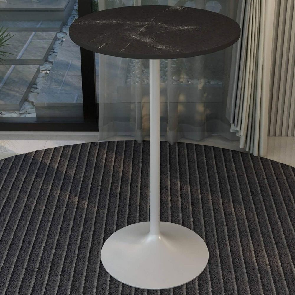 Leisuremod LeisureMod Verve Collection Modern Bar Height Table White Base with 27 Round Black Marbelized MDF Top, , large