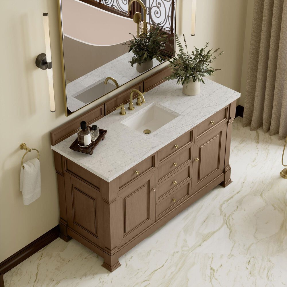 James Martin Vanities Brookfield 60" Single Bathroom Vanity in Pecan with 3 cm Eternal Jasmine Pearl Quartz Top, Rectangle Sink and FreePower Wireless Charger, , large