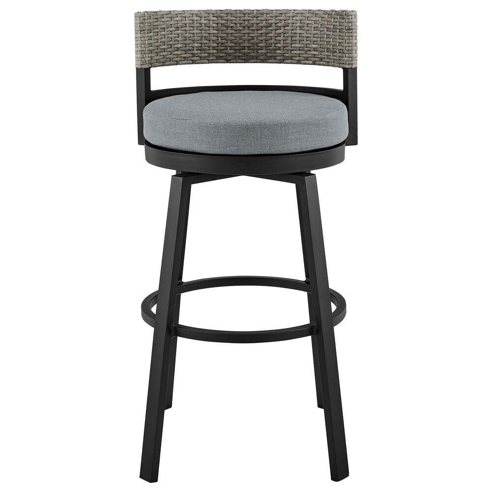 Armen Living Encinitas Patio Swivel Counter Height Bar Stool with Dark Gray Cushion in Black, , large