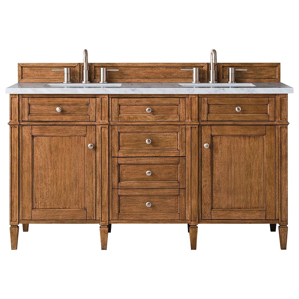James Martin Vanities Brittany 60" Double Bathroom Vanity in Saddle Brown with 3 cm Carrara White Marble Top and Rectangular Sinks, , large