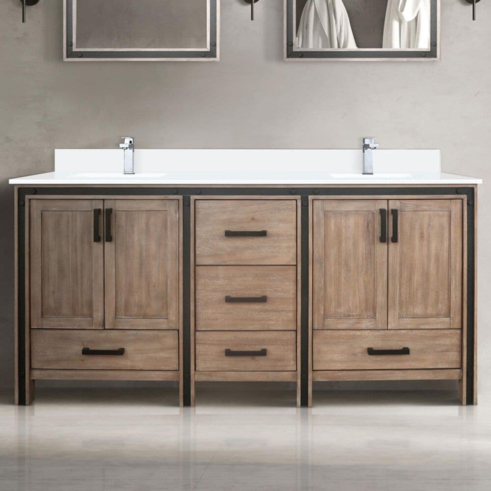 Lexora Home Ziva 72&quot; Double Bathroom Vanity in Rustic Barnwood with 2 cm White Quartz Top and Rectangular Sinks, , large