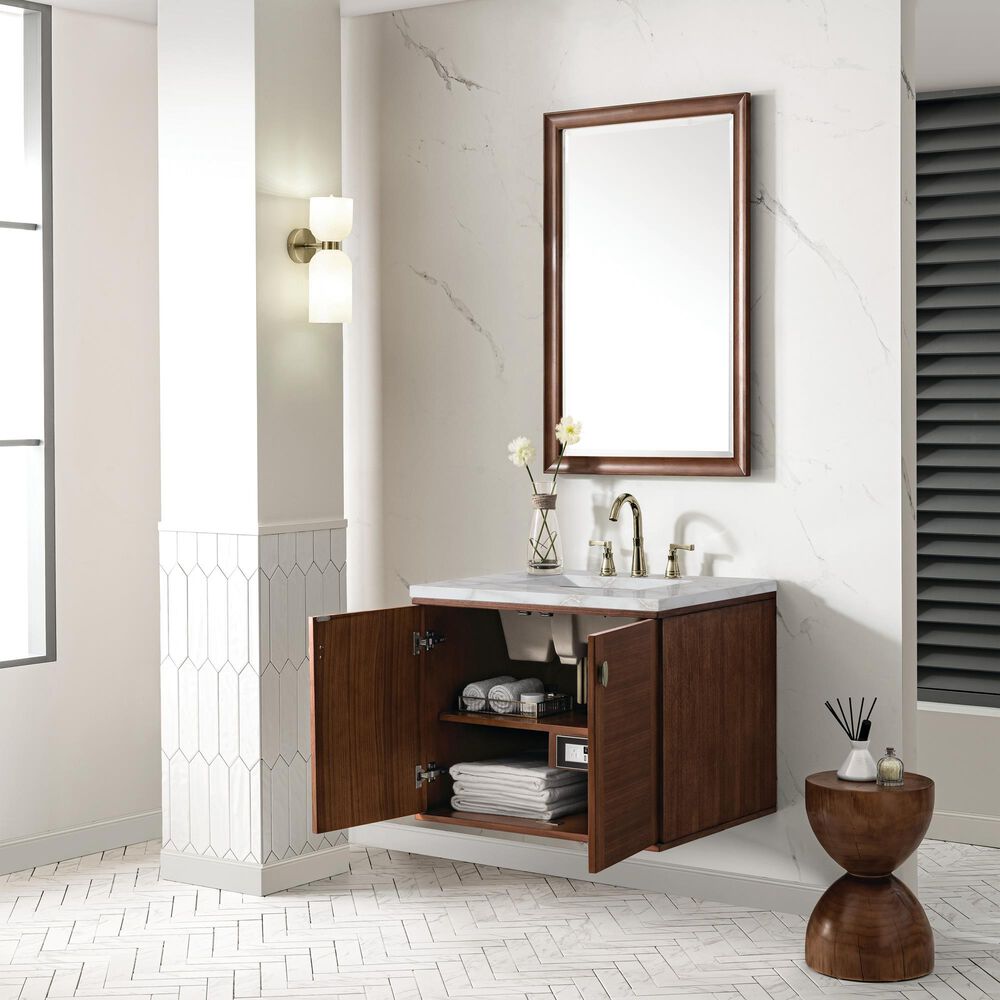 James Martin Vanities Amberly 30&quot; Single Bathroom Vanity in Mid-Century Walnut with 3 cm Victorian Silver Quartz Top and Rectangular Sink, , large