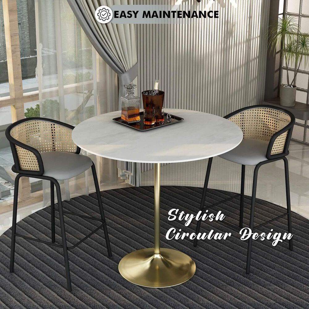 Leisuremod LeisureMod Verve Collection Modern Bar Height Table Brushed Gold Base with 48 Round Marble White Sintered Stone Top, , large