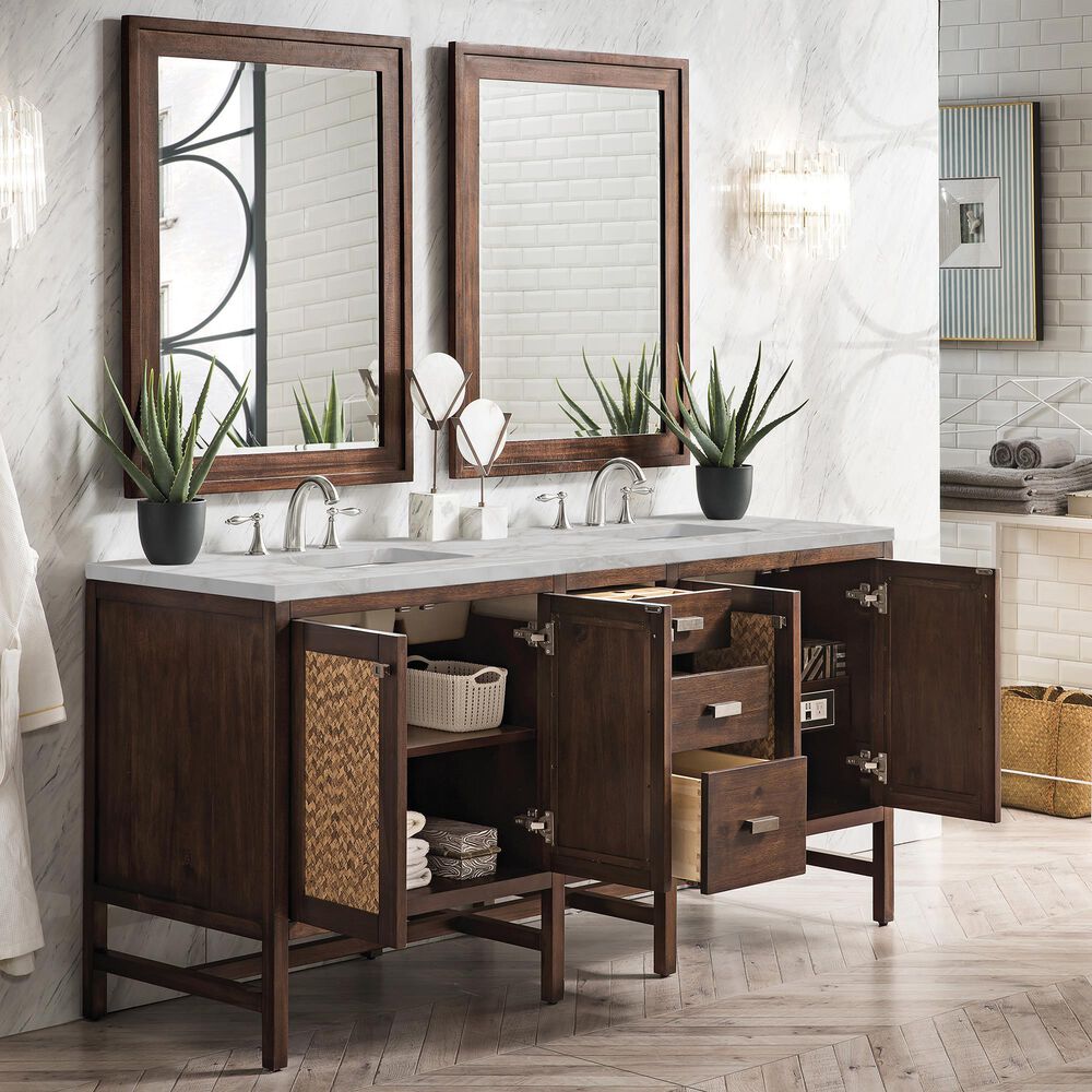 James Martin Vanities Addison 72&quot; Double Bathroom Vanity in Mid-Century Acacia with 3 cm Victorian Silver Quartz Top and Rectangular Sinks, , large