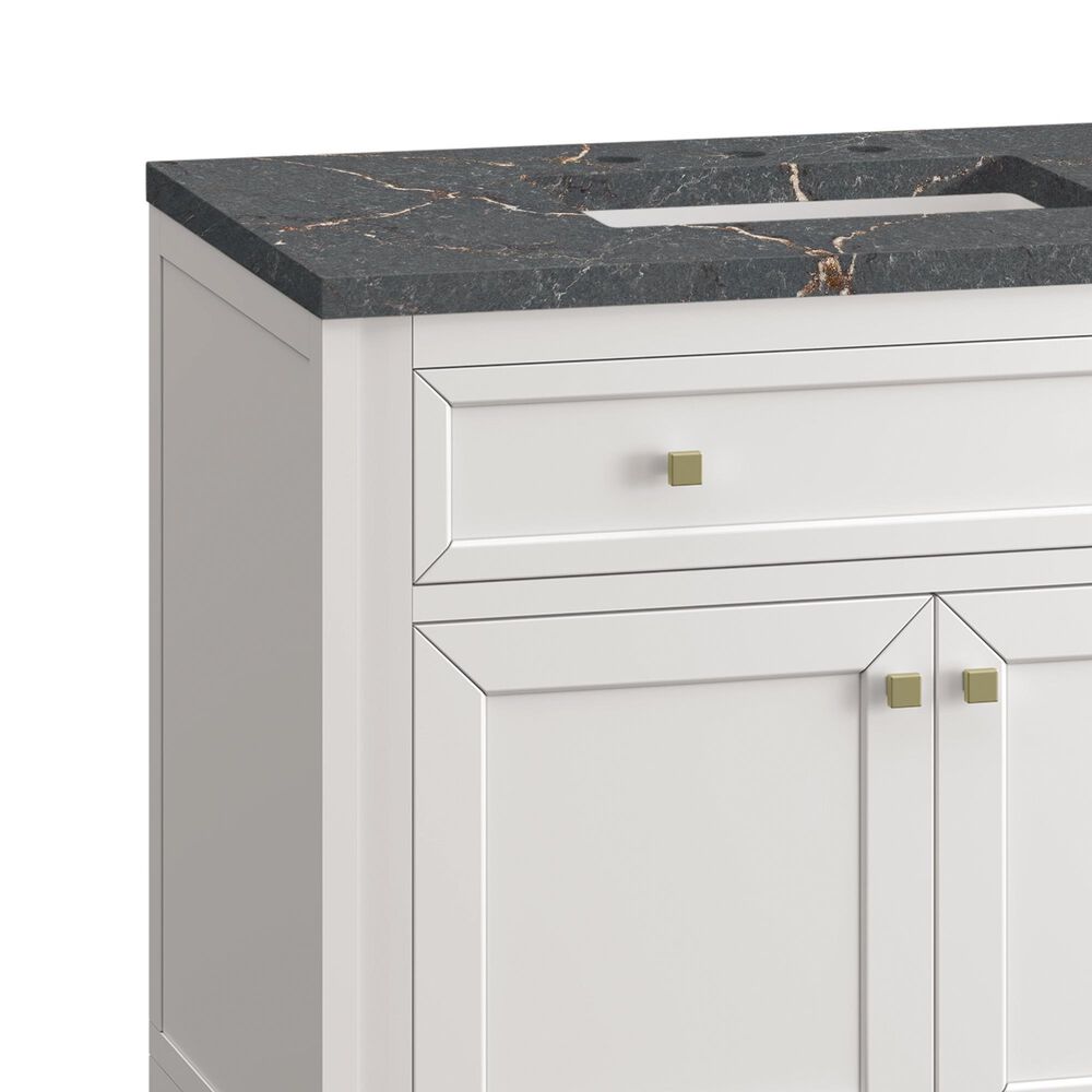 James Martin Vanities Chicago 36&quot; Single Bathroom Vanity in Glossy White with 3 cm Parisien Bleu Quartz Top and Rectangular Sink, , large