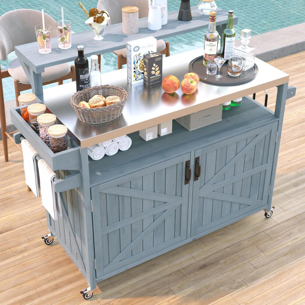 HOMLUX 53" Outdoor Kitchen Island in Grey Blue and Stainless Steel, , large
