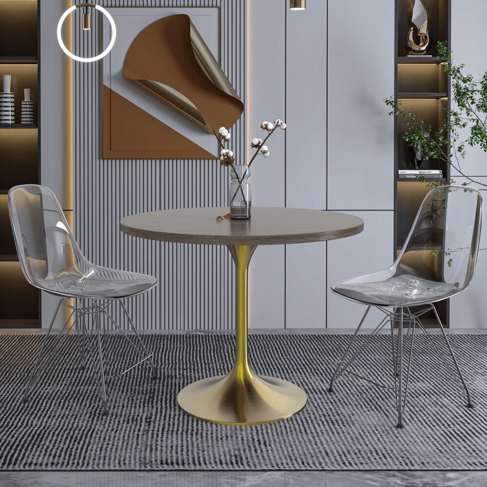 Leisuremod LeisureMod Verve Collection 36 Round Dining Table, Brushed Gold Base with Dark Maple MDF Top, , large