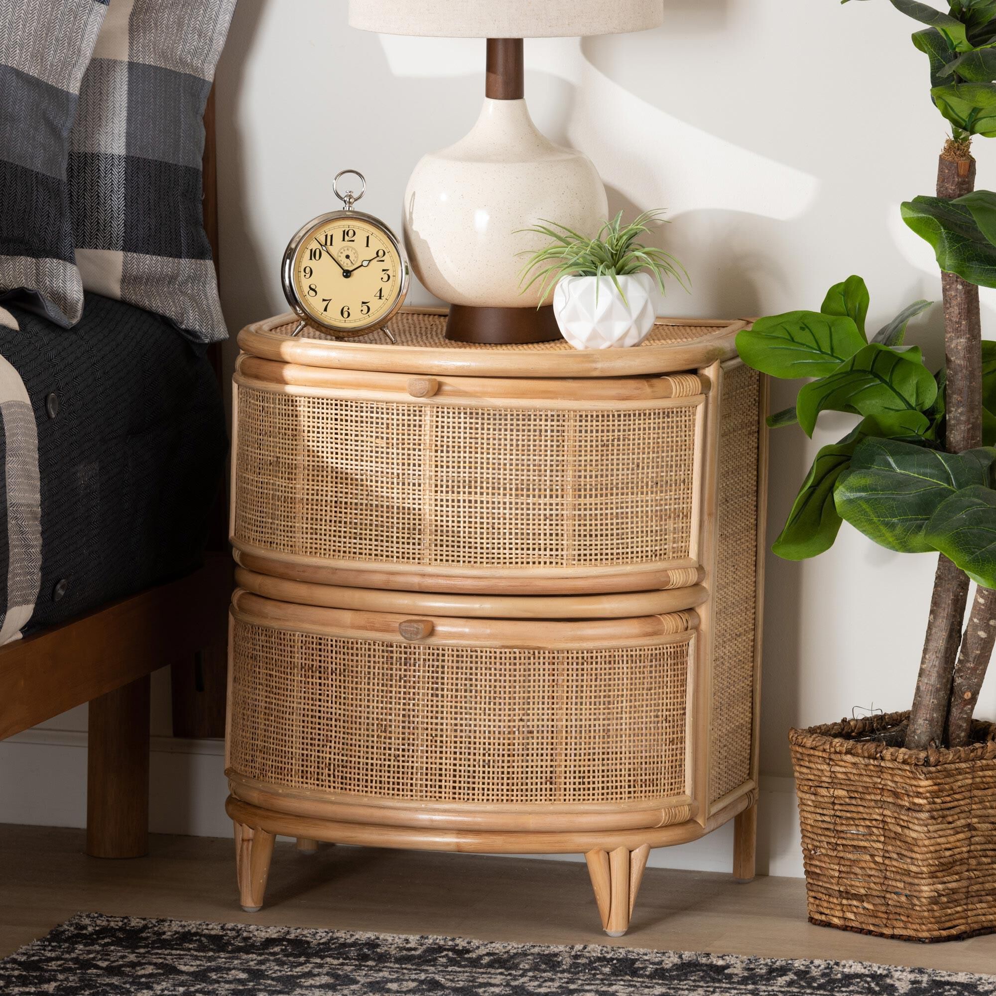 Baxton Studio Oleta 2-Drawer Rattan Nightstand in Natural Brown