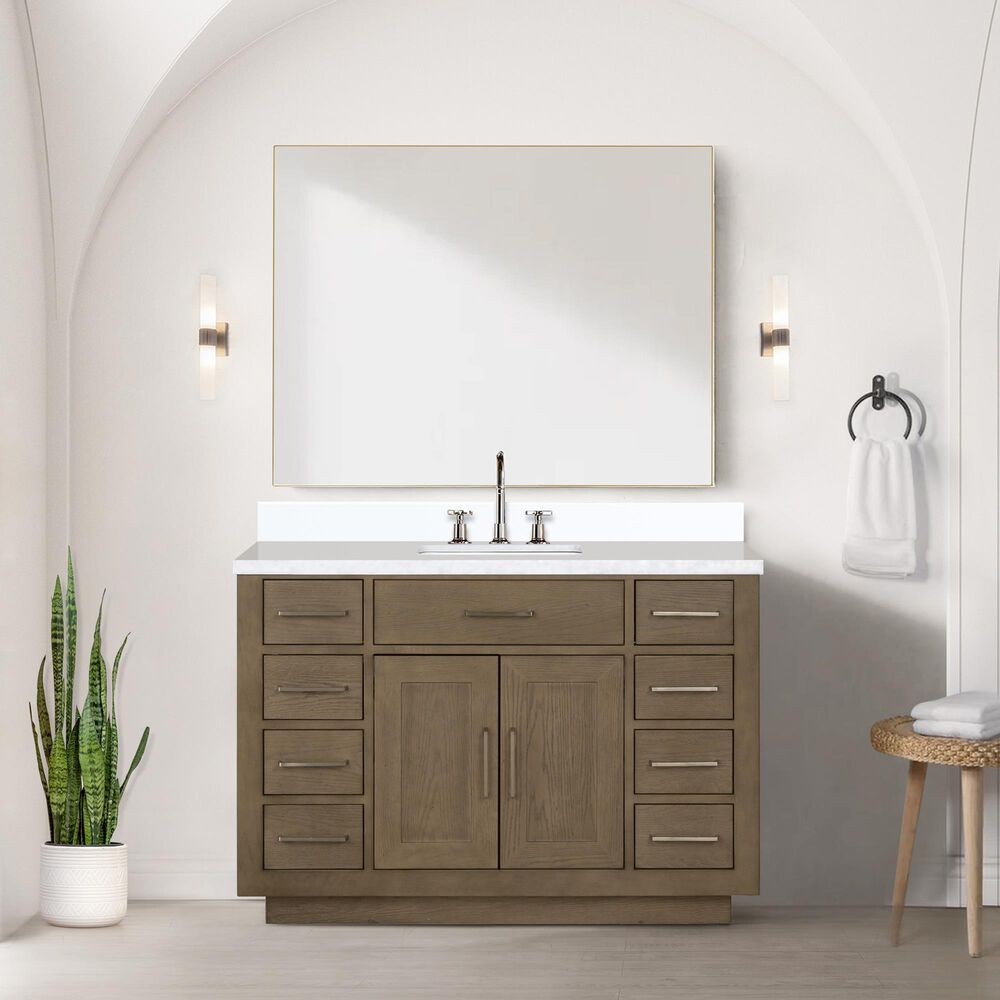 Lexora Home Abbey 48&quot; Single Bathroom Vanity in Grey Oak with 2 cm White Quartz Top and Rectangular Sink, , large