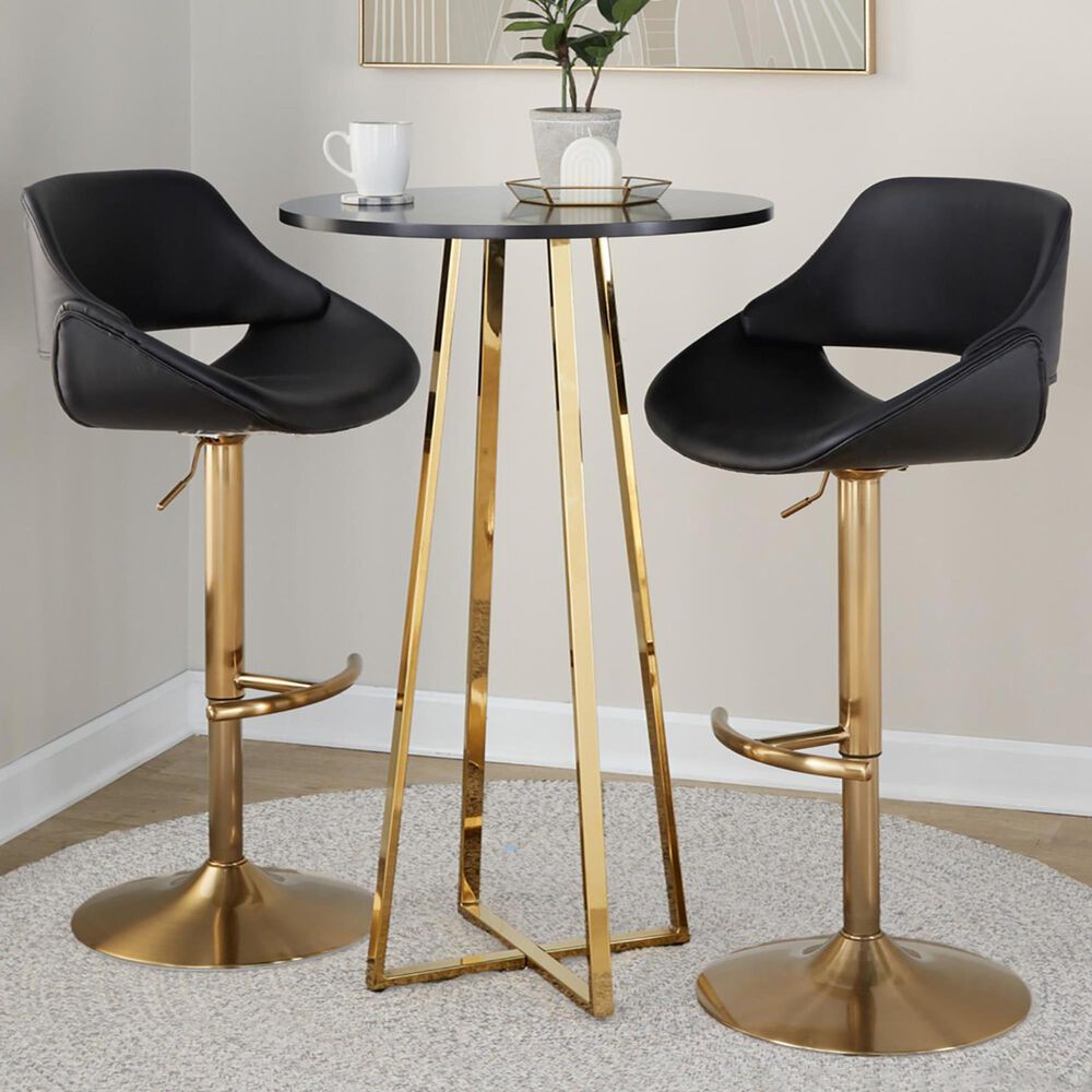 LumiSource Fabrico Swivel Adjustable Bar Stool with Black Faux Leather Upholstery and Rounded T Footrest in Gold (Set of 2), , large