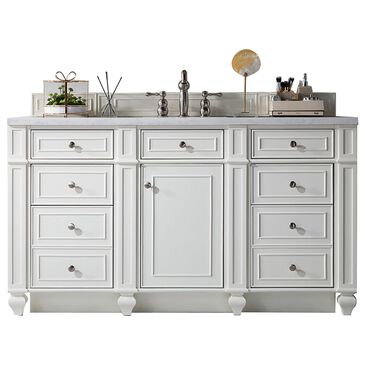 James Martin Bristol 60" Single Bathroom Vanity in Bright White with 3 cm Carrara White Marble Top and Rectangular Sink, , large